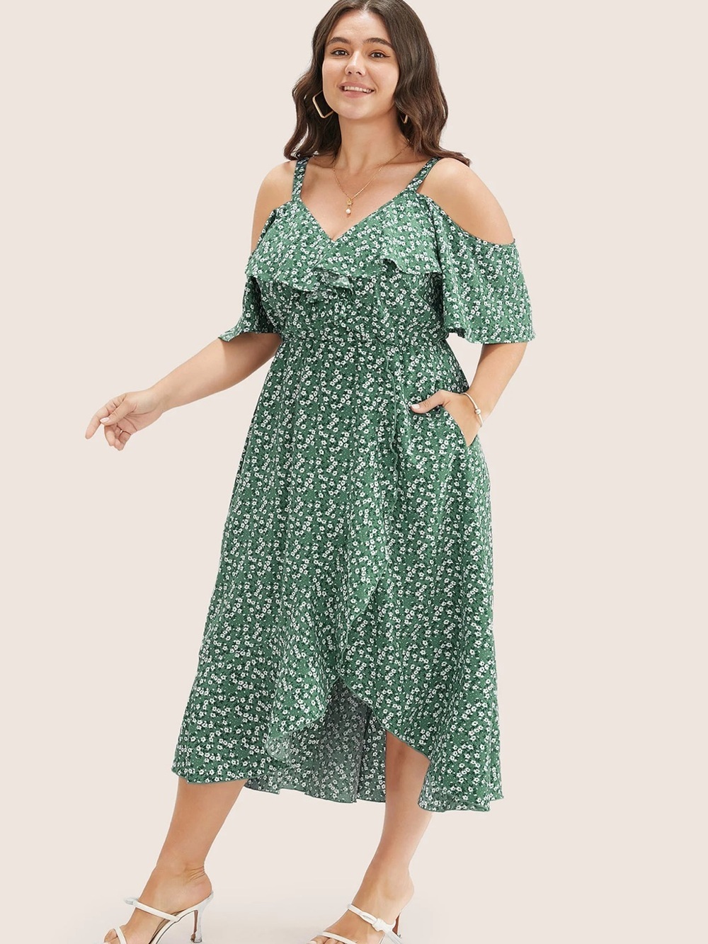 NWT! BloomChic Ditsy Floral Pocket Wrap Cold Shoulder Ruffle Dress Size 2X - Picture 3 of 4